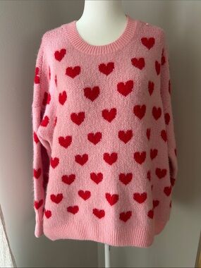 CeCe Pink Sweater with Red Heart Motif, Size M